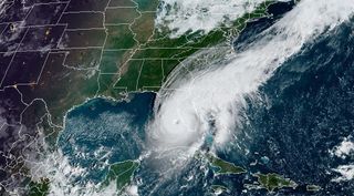 In this NOAA handout image taken by the GOES satellite at 13:26 UTC, Hurricane Ian moves toward Florida on September 28, 2022 in the Gulf of Mexico.