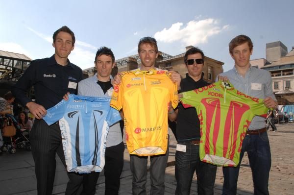 Three of the Tour of Britain jerseys on show &ndash; left to right the Points jersey (sponsored by the Prostate Cancer Charity); the leaders gold jersey (sponsored by IG Markets); the Sprints jersey (sponsored by Yodel). The riders left to right are: James Sparling (Raleigh); Dean Downing (Rapha Condor Sharp); Alex Dowsett (Team Sky); Russell Downing (Team Sky); James Moss (Endura).