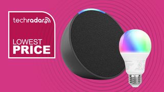 Amazon Echo Pop speaker and Amazon Basics smart light bulb on pink background with white text reading "TechRadar Lowest Price"