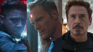 Hawkeye (Jeremy Renner, Vision (Paul Bettany), and Iron Man (Robert Downey Jr.) in Avengers : Infinity War