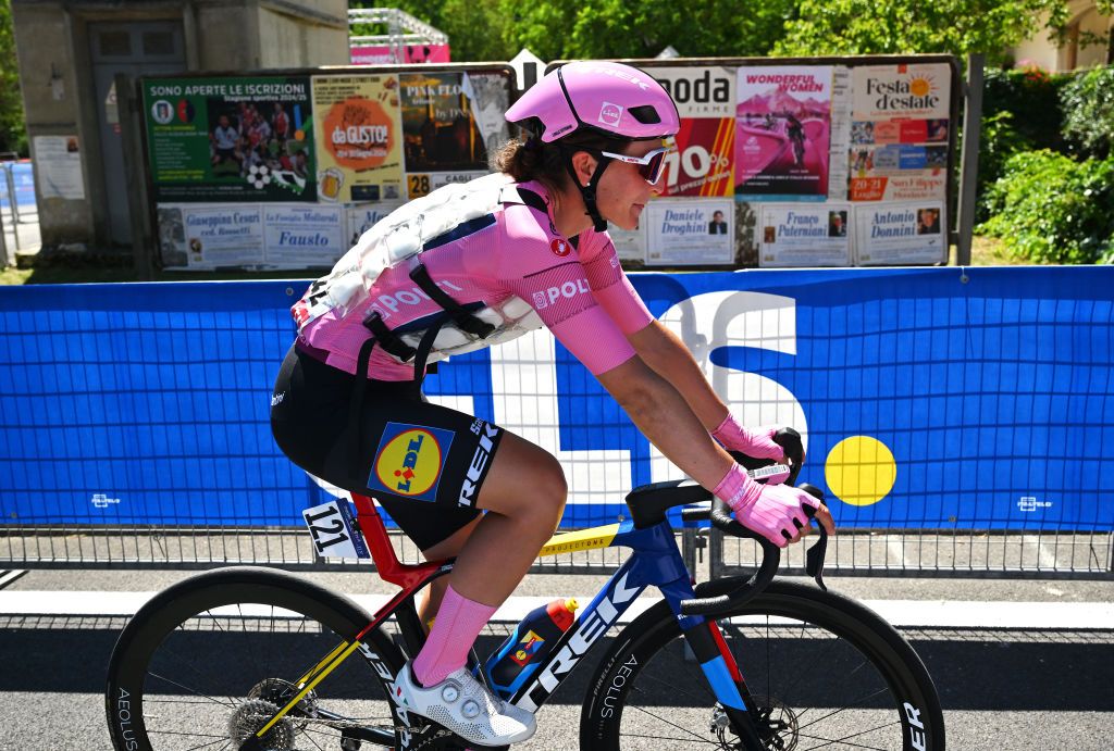 FRONTONE ITALY JULY 11 Elisa Longo Borghini of Italy and Team Lidl Trek Pink Leader Jersey prior to the 35th Giro dItalia Women 2024 Stage 5 a 108km stage from Frontone to Foligno UCIWWT on July 11 2024 in Frontone Italy Photo by Luc ClaessenGetty Images