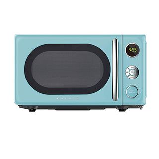 Galanz blue microwave in a vintage design with a rounded glass panel and a silver handle.