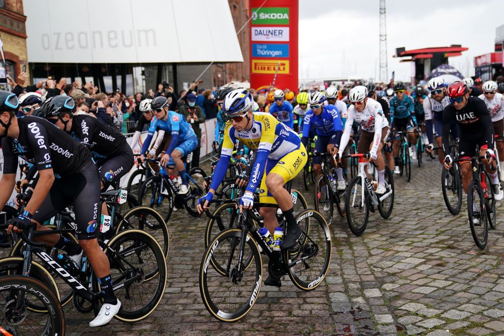 SCHWERIN GERMANY AUGUST 26 Alex Colman of Belgium and Team Sport Vlaanderen Baloise and The Peloton prior to the 35th Deutschland Tour 2021 Stage 1 a 191km stage from Stralsund to Schwerin DeineTour on August 26 2021 in Schwerin Germany Photo by Christian KasparBartkeGetty Images