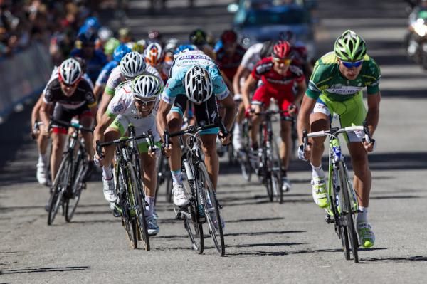Peter Velits sprints behind Peter Sagan in Big Bear Lake