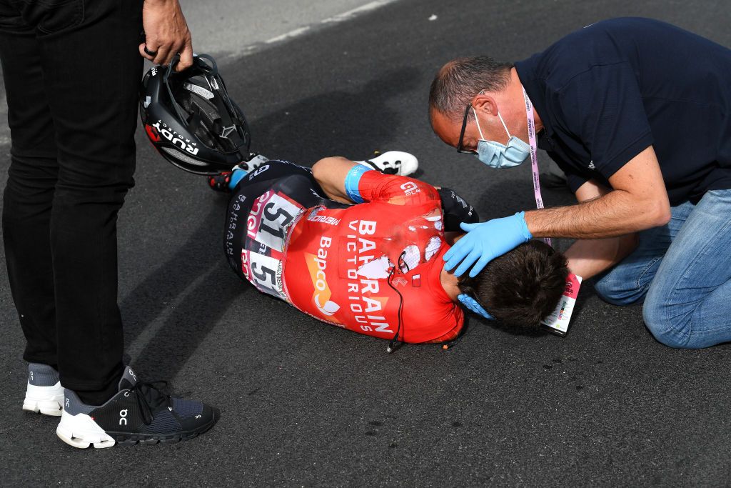 CATTOLICA ITALY MAY 12 Mikel Landa Meana of Spain and Team Bahrain Victorious are involved in an accident and is assisted by the medical team during the 104th Giro dItalia 2021 Stage 5 a 177km stage from Modena to Cattolica Crash Injury Abandon girodiitalia Giro on May 12 2021 in Cattolica Italy Photo by Tim de WaeleGetty Images