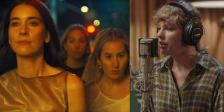 Haim in Now I'm In It music video and Taylor Swift in folklore Disney+ movie
