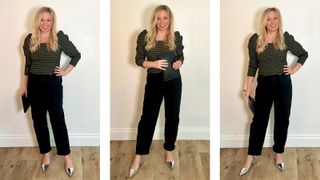 Antonia Kraskowski showing how to style barrel leg jeans for an evening out, wearing a square neck top, black jeans and silver shoes