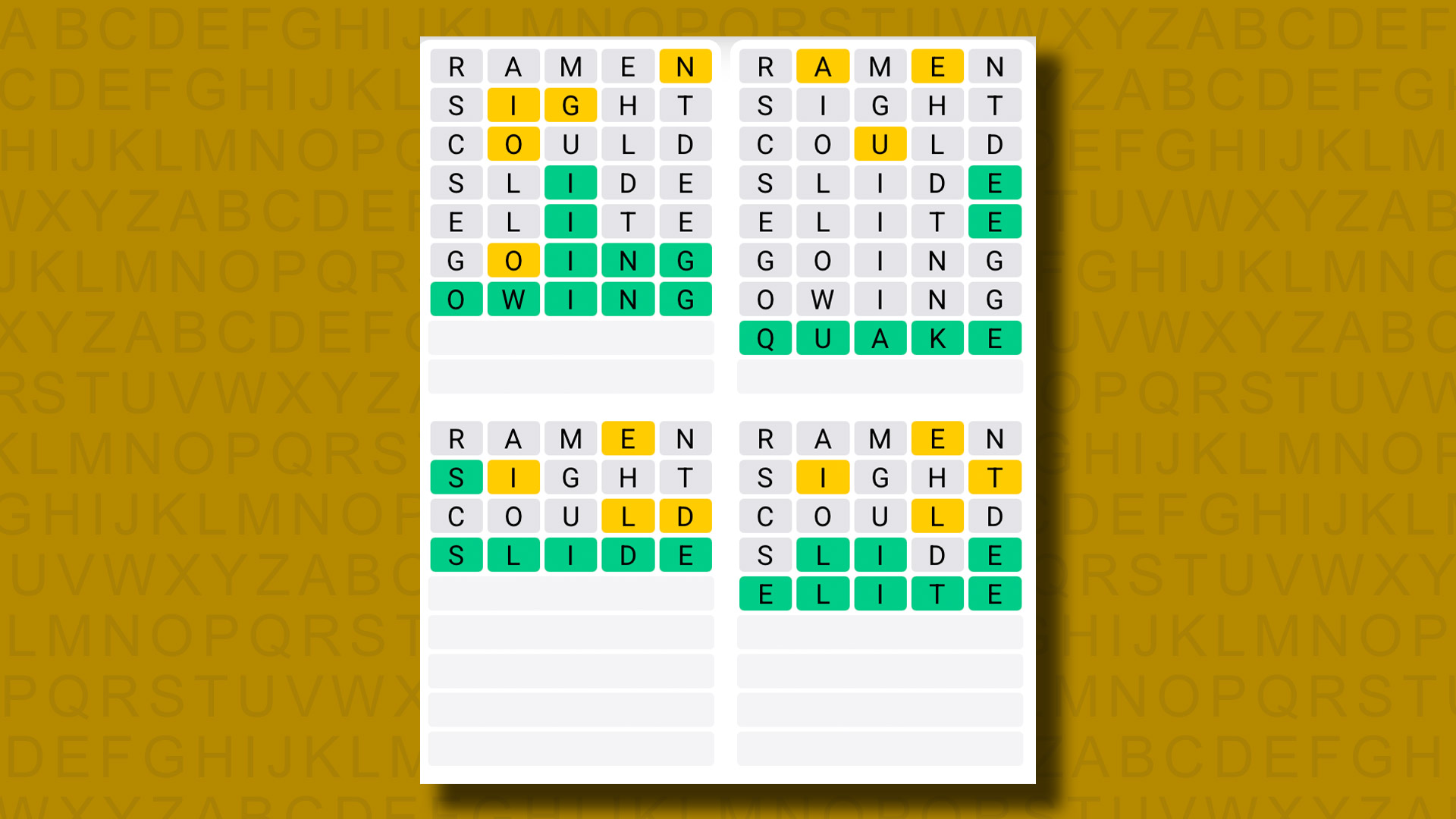 Quordle answers for game 1300 on a yellow background