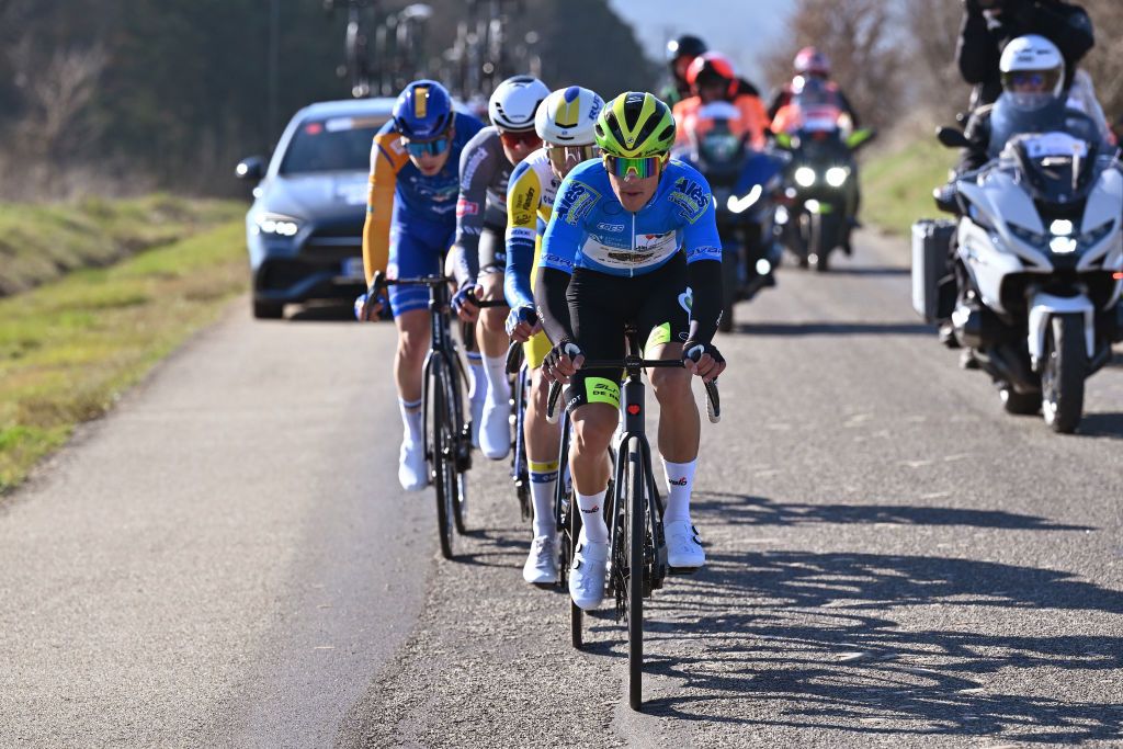 MARGUERITTES FRANCE FEBRUARY 06 Axandre Van Petegem of Belgium and Team Wagner Bazin WB Blue Mountain Jersey leads the breakaway during the 55th Etoile de Besseges Tour du Gard 2025 Stage 2 a 16583km stage from Domessargues to Marguerittes on February 06 2025 in Marguerittes France Photo by Billy CeustersGetty Images