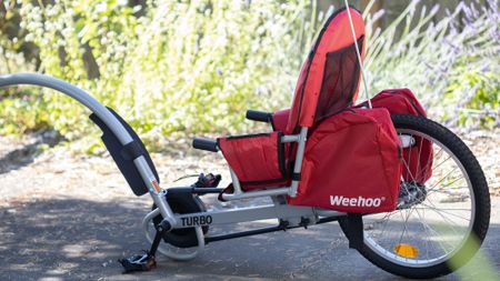 One of theBest bike trailers for kids pictured outside