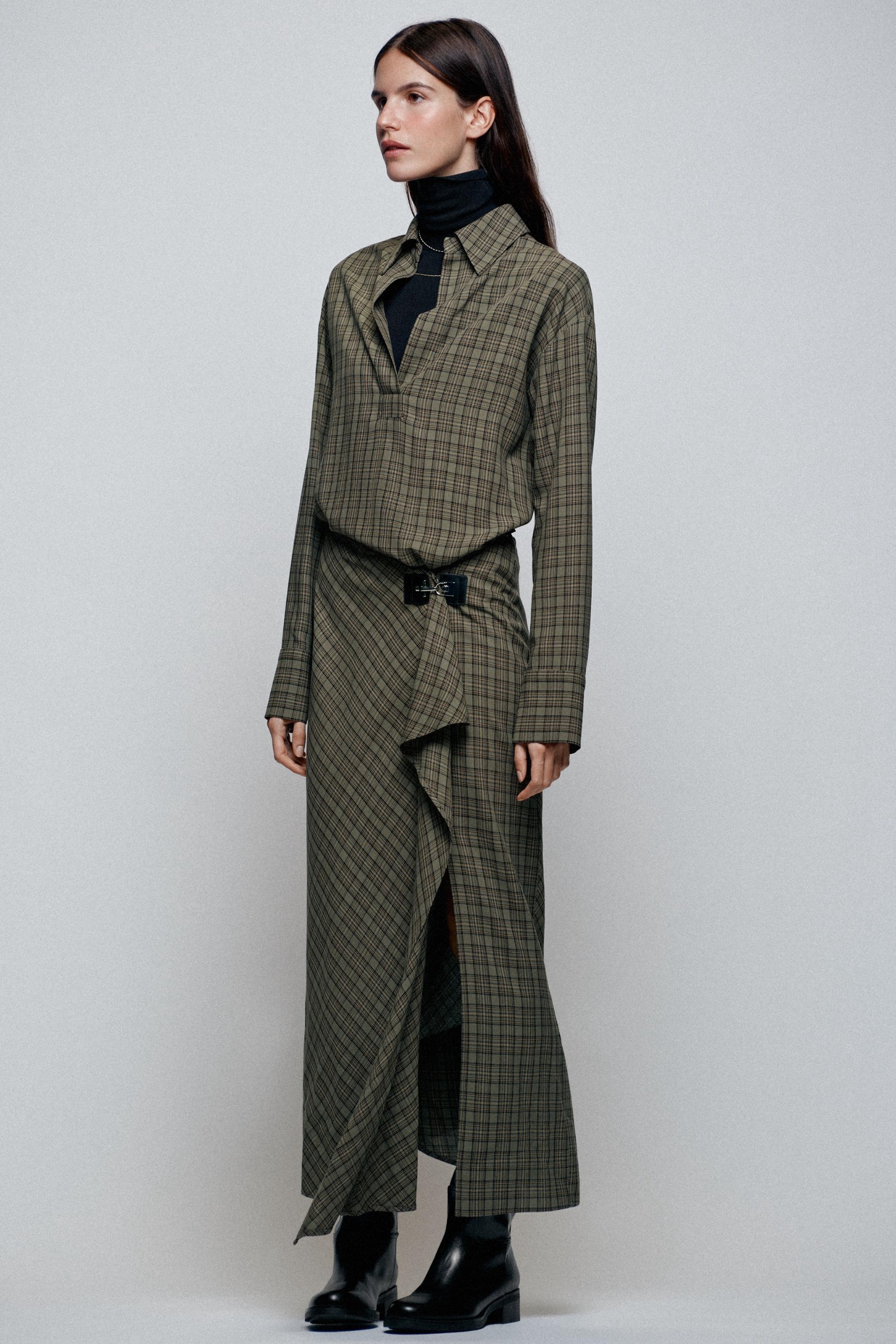 Check Midi Dress With Hardware - Grey Green - S