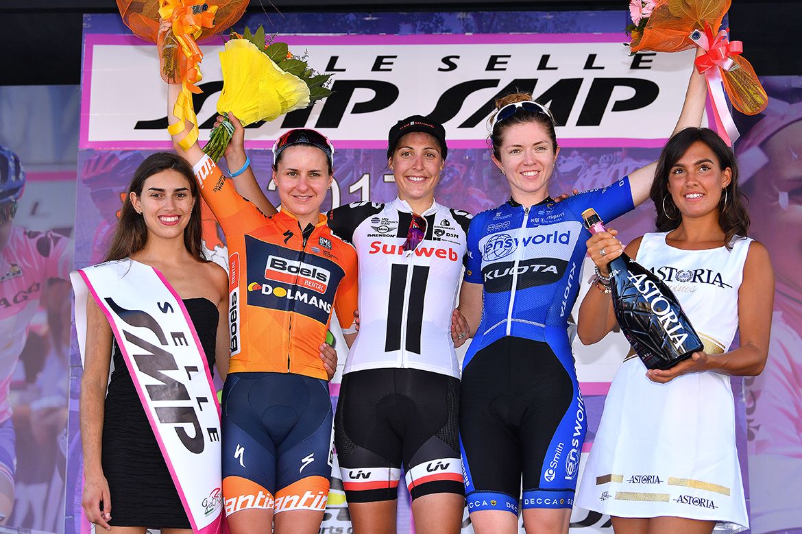 Megan Guarnier, Lucinda Brand and Tatiana Riabchenko on the podium