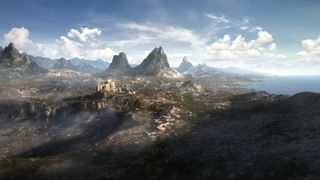 The only setting preview the Elder Scrolls 6 2018 trailer offers, showing mountains and crumbling ruins in the distance