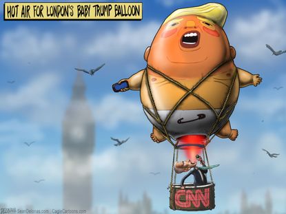 Political Cartoon U.S. Trump England visit baby balloon CNN Anderson Cooper