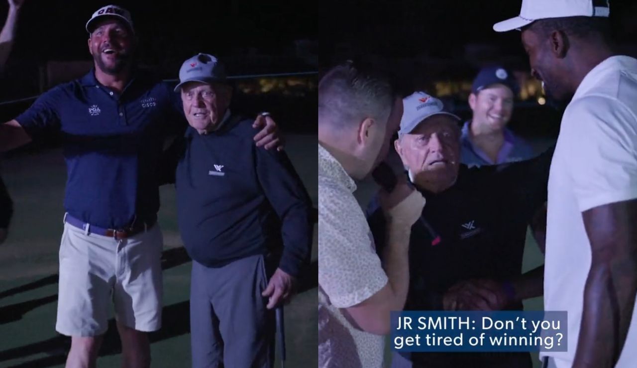 Michael Block and Jack Nicklaus celebrate a winning putt