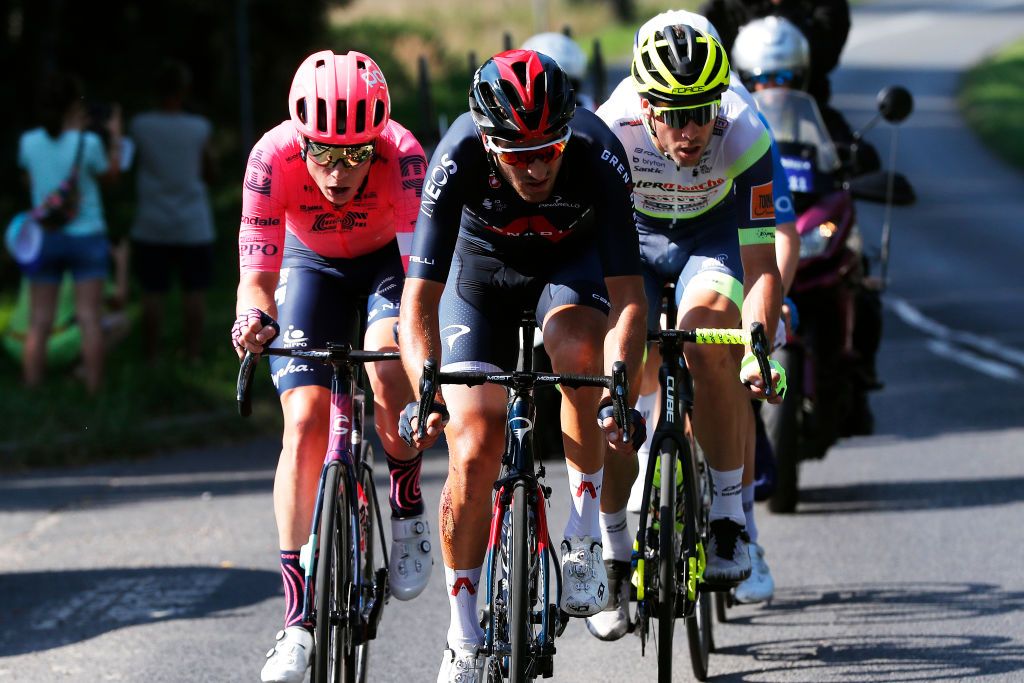 KRAKOW POLAND AUGUST 15 LR Julius Van Den Berg of The Netherlands and Team EF Education Nippo Gianni Moscon of Italy and Team INEOS Grenadiers and Pieter Vanspeybrouck of Belgium and Team Intermarch Wanty Gobert Matriaux in the Breakaway during the 78th Tour de Pologne 2021 Stage 7 a 145km stage from Zabrze to Krakw TourdePologne TDP2021 UCIWT on August 15 2021 in Krakow Poland Photo by Bas CzerwinskiGetty Images