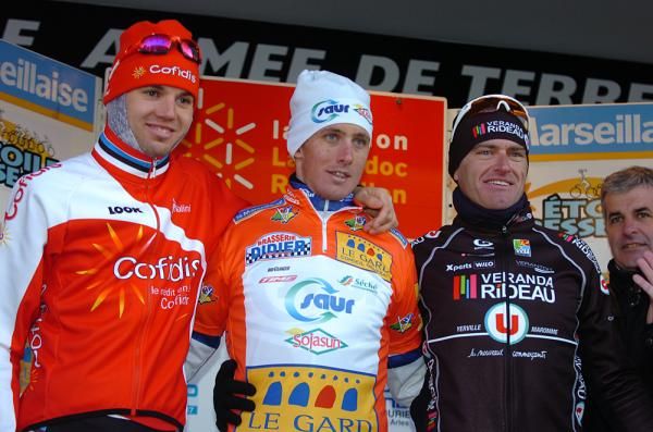 The final podium at the Etoile de Besseges: Rein Taaramae (Cofidis), Jerome Coppel (Saur Sojasun) and Franck Vermeulen (Veranda Rideau U)