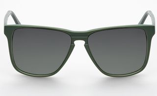 Front-on view of green sunglasses, square in shape with a dark shade tint