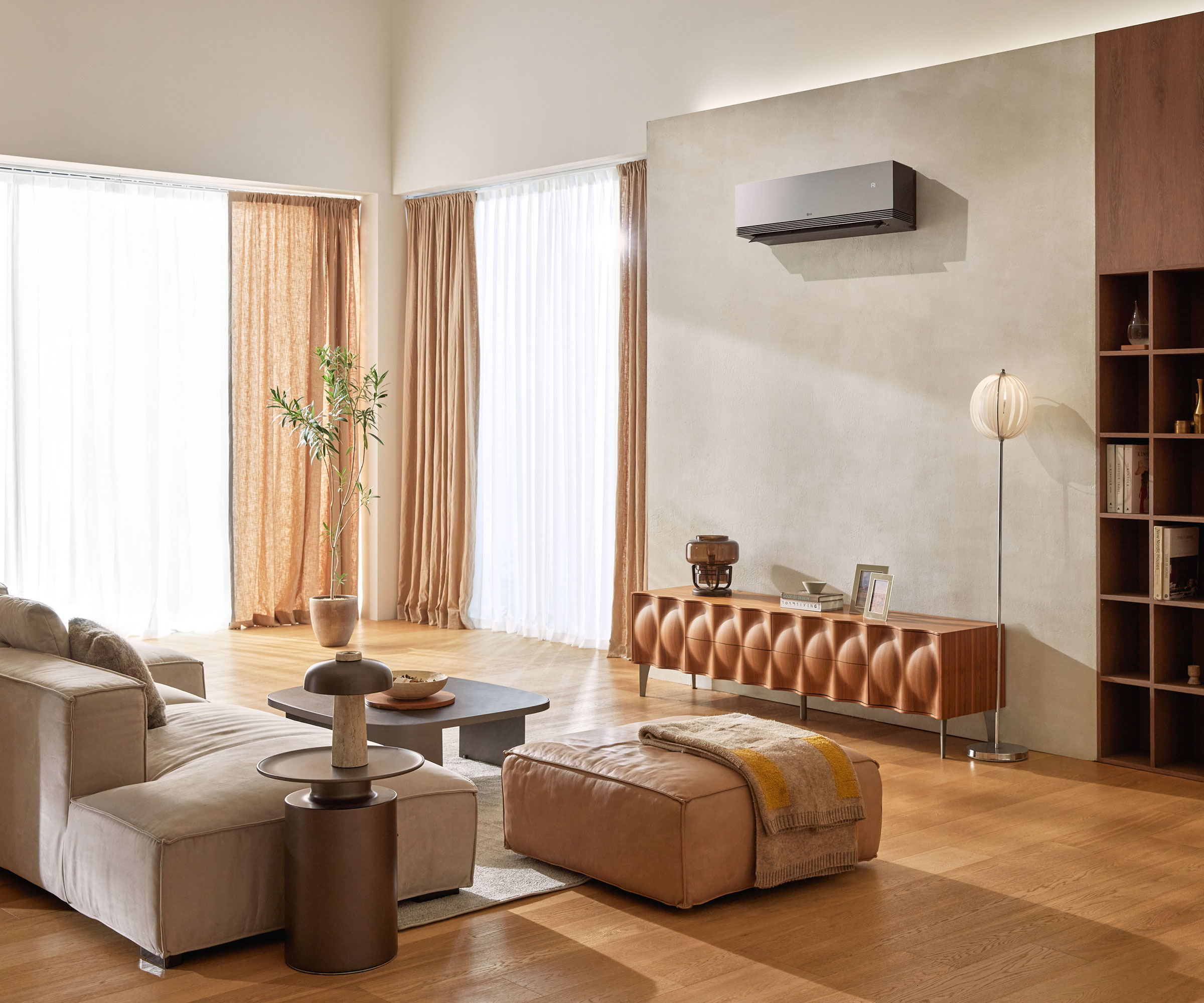 sleek grey air conditioning unit in modern living room from LG