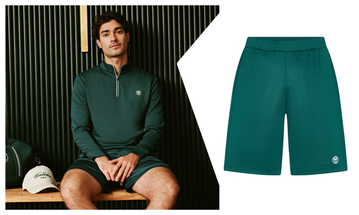 an image showing two interlocking images. On the left, there is a lifestyle image of a male model sitting on a bench wearing the shorts and matching 1/4 zip sport jumper. On the right, there is a product shot of the Wimbledon sport shorts in green