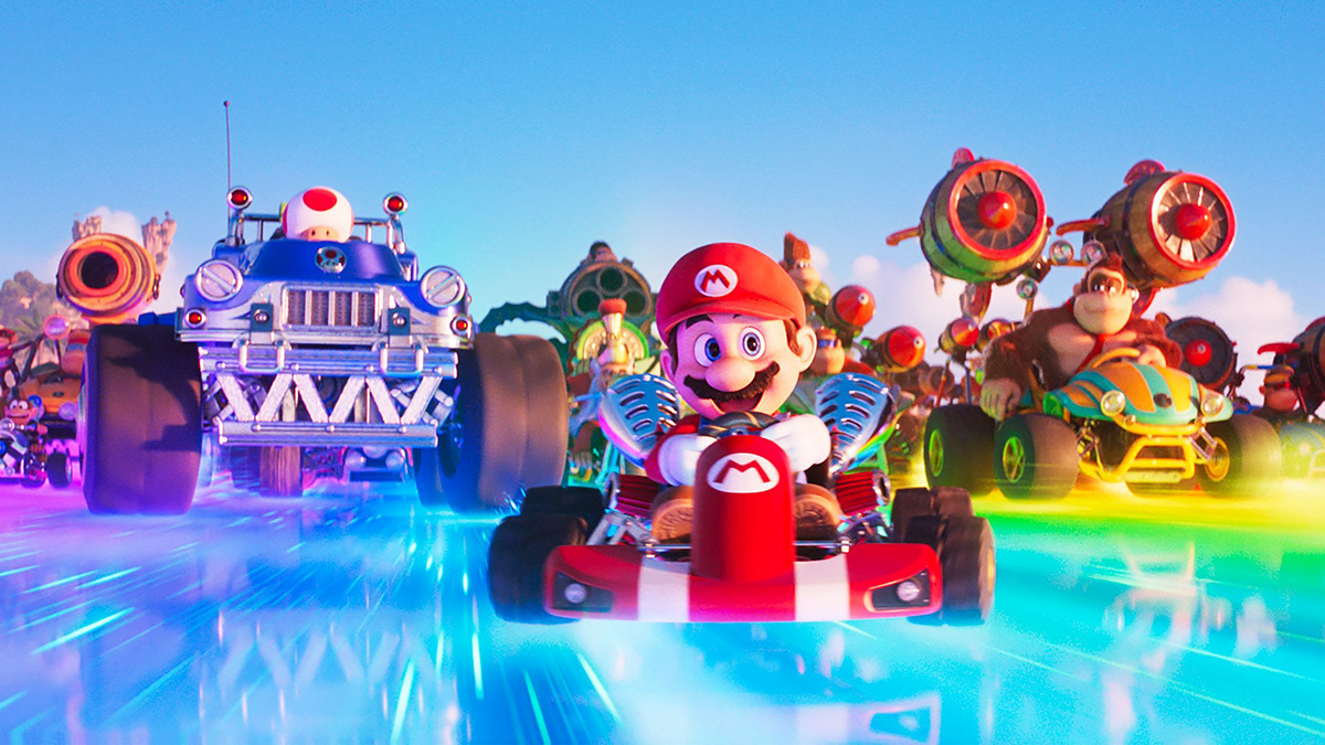 Racing karts on Rainbow Road in The Super Mario Bros. Movie