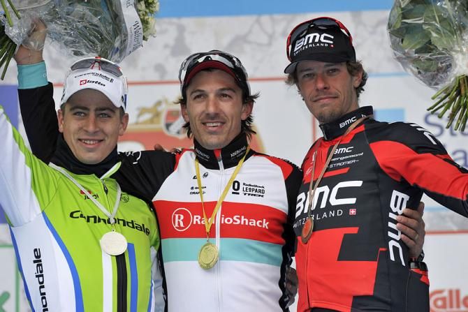 Podium: Fabian Cancellara (RadioShack - Leopard) in first, Peter Sagan (Cannondale) in second, Daniel Oss (BMC) in third