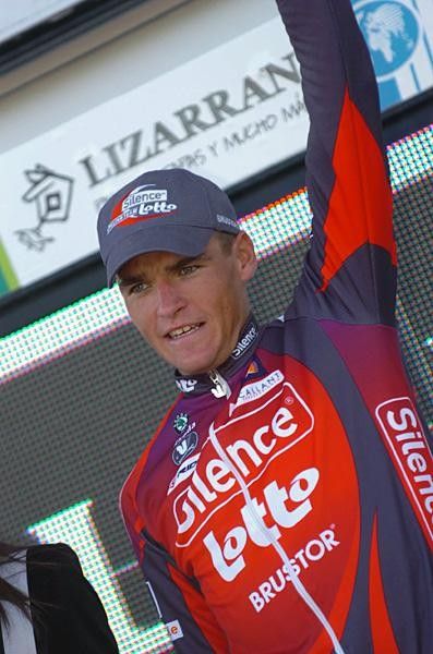 Belgium's Greg Van Avermaet (Silence-Lotto) presented on the podium as the day's winner.