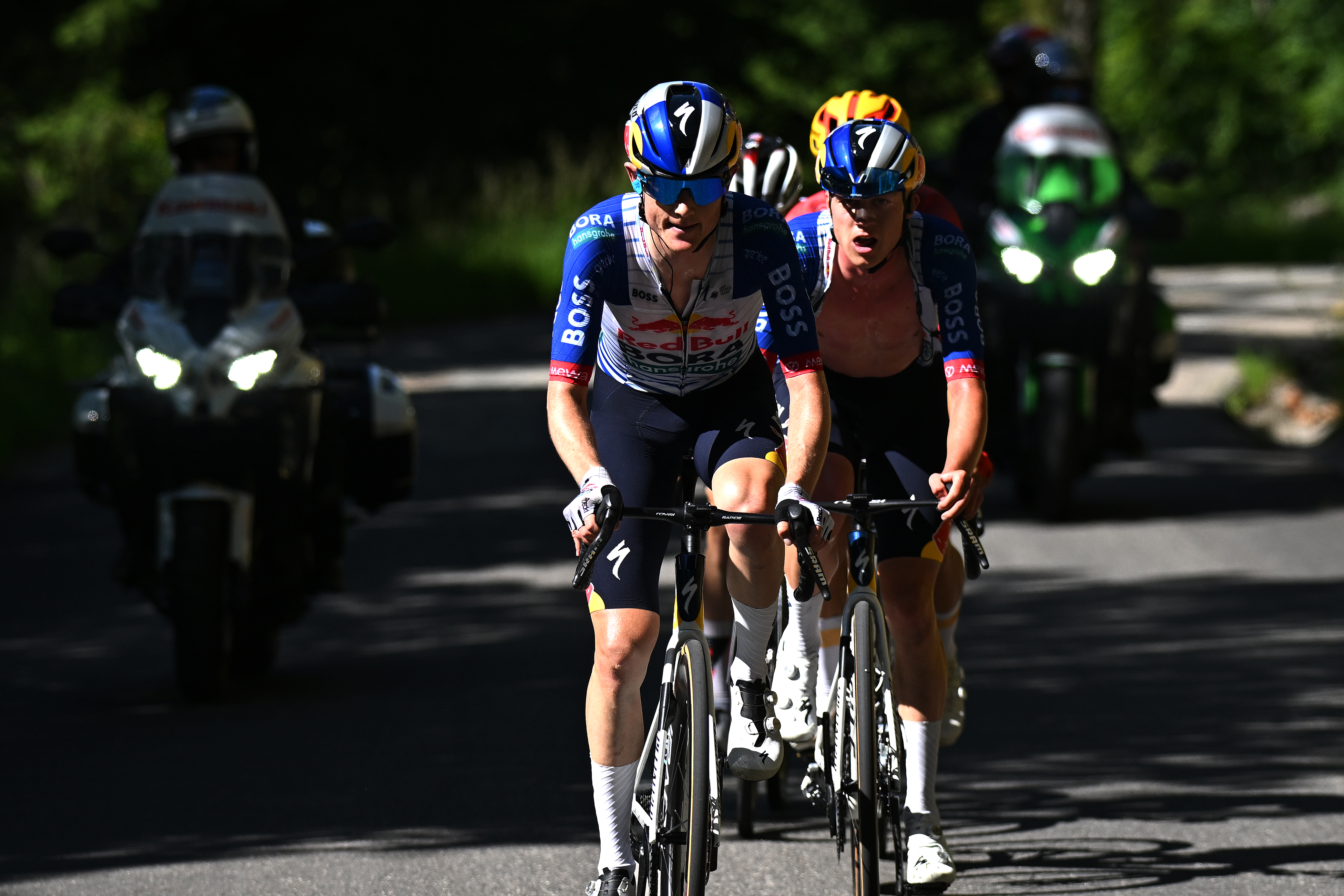 CREST-VOLAND, FRANCE - JUNE 12: (L-R) Luke Tuckwell of Australia and Maxim Van Gils of Belgium and Team Red Bull - BORA - hansgrohe compete in the breakaway during the 78th Tour Auvergne-Rhone-Alpes 2026, Stage 6 a 182.3km stage from Saint-Vulbas to Crest-Voland 1211m / #UCIWT / on June 12, 2026 in Crest-Voland, France. (Photo by Dario Belingheri/Getty Images)