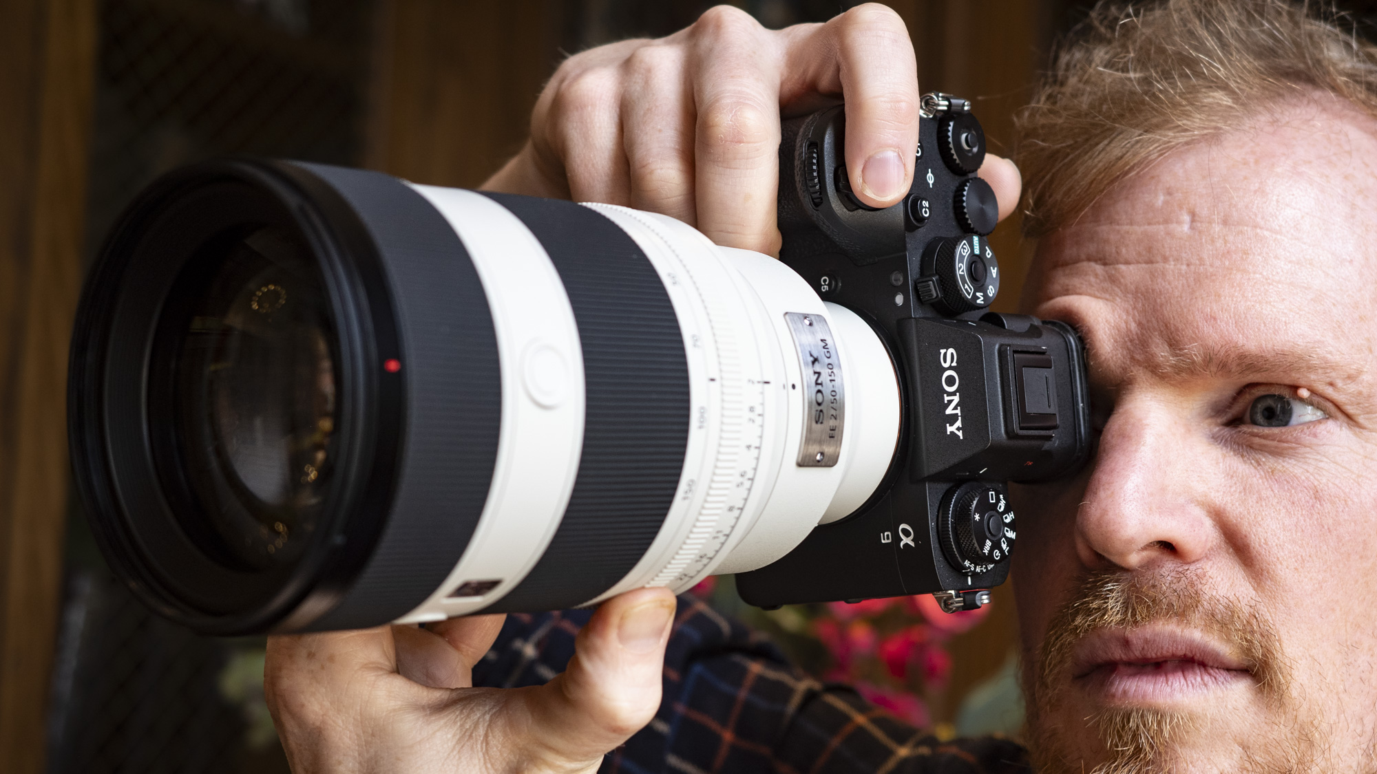Sony FE 50-150mm F2 GM lens attached to a Sony A9 III, bieng held up to photographer's eye