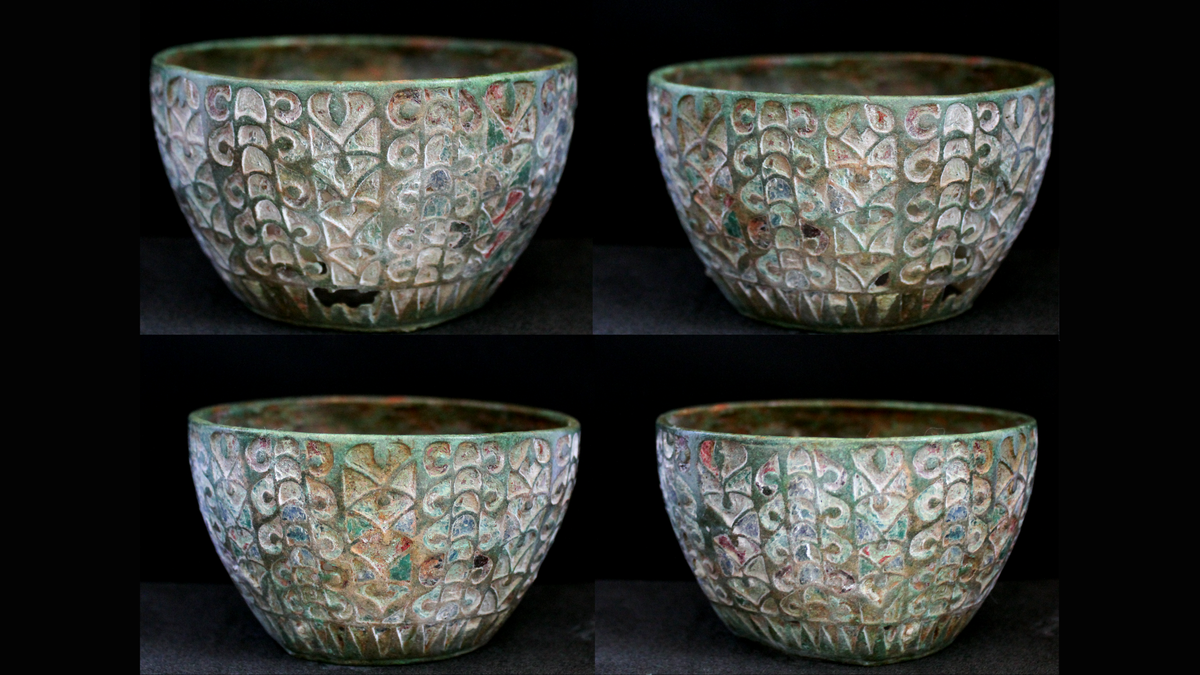 Four views of the Scremby Cup, a multicolored, enameled goblet with several floral-like designs.