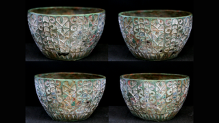 Four views of the "Scremby cup", a multicolored, enameled goblet with several floral-like designs.