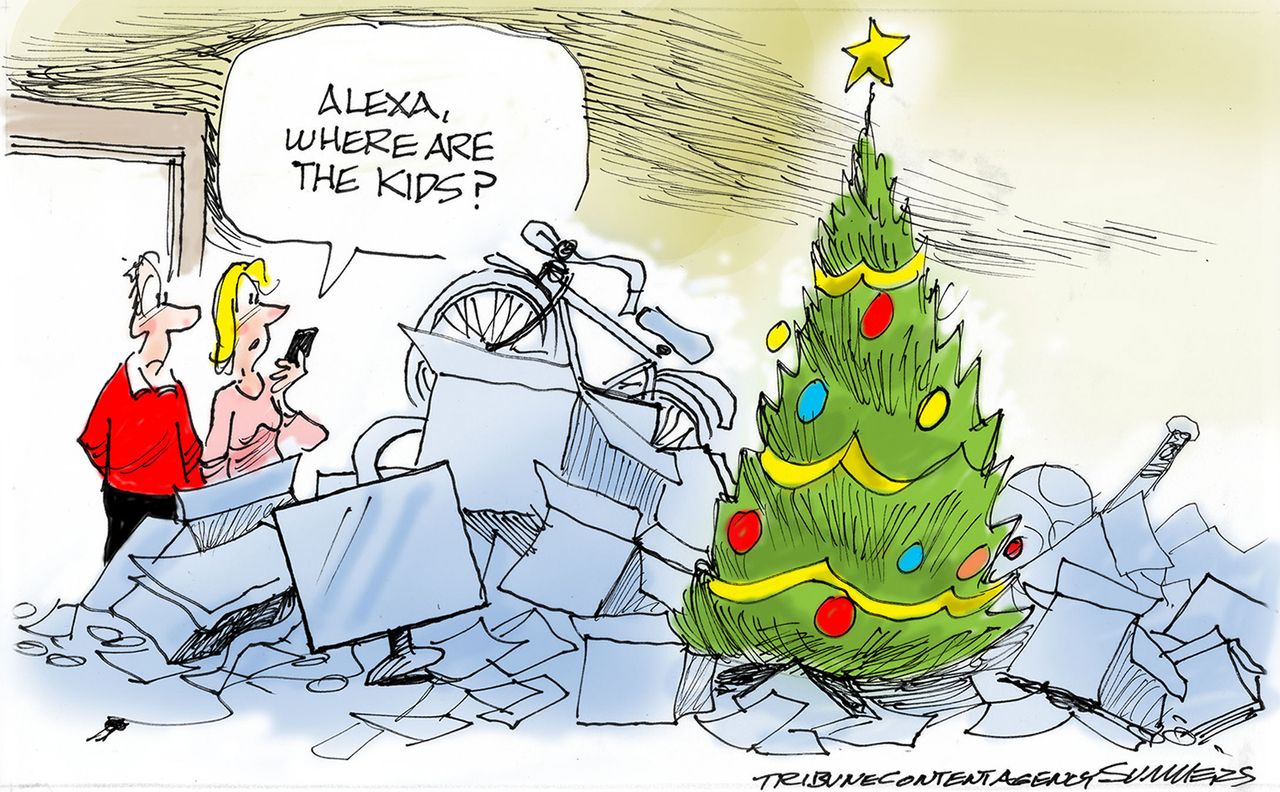 Editorial cartoon U.S. Christmas presents packages Amazon Alexa where are the kids