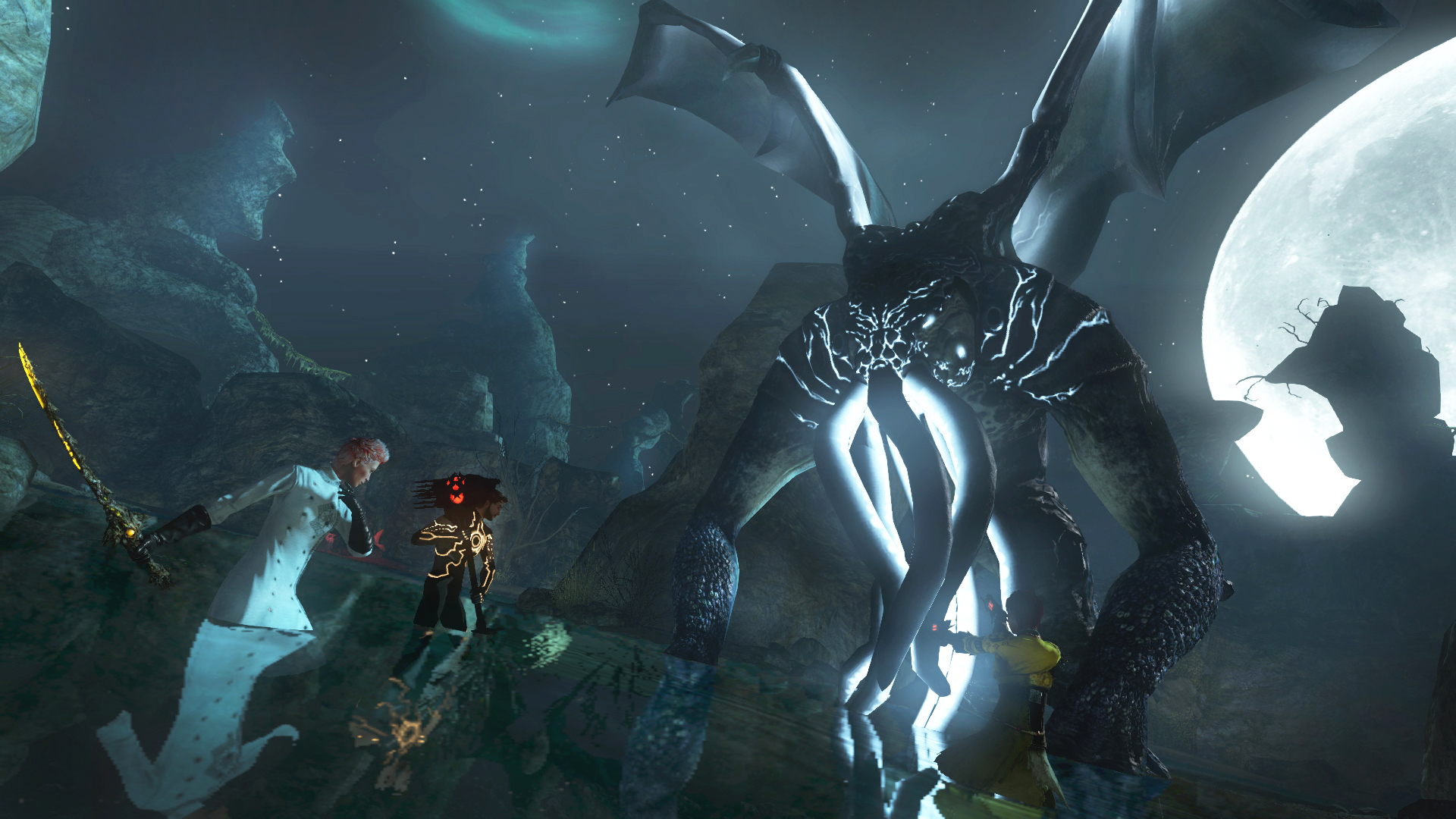 Best MMOs: Secret World Legends - A player holds a sword near a black and glowing monster with wings.