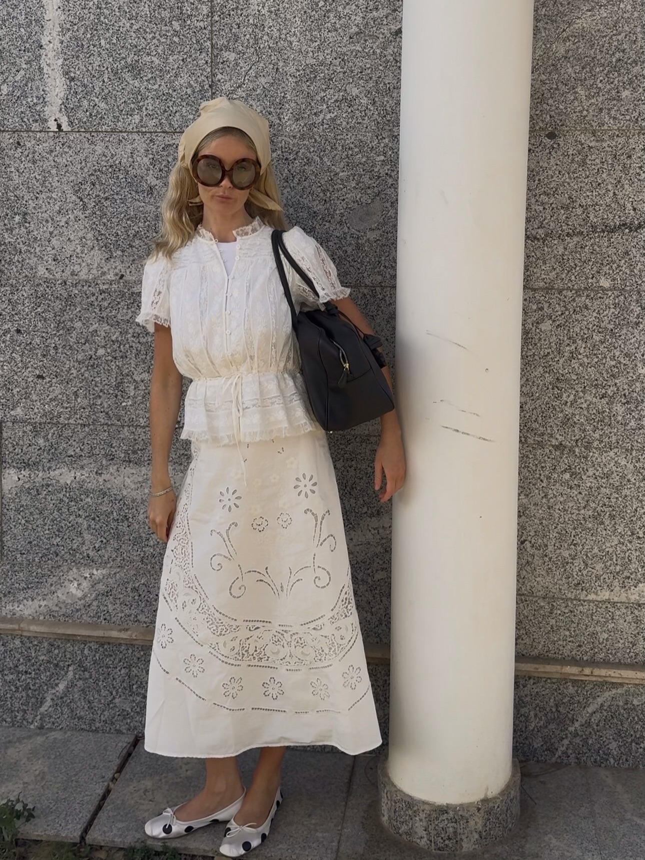 @josefinehj wearing Celine sunglasses, lace top and skirt set, silk bandana, and polka dot ballet flats