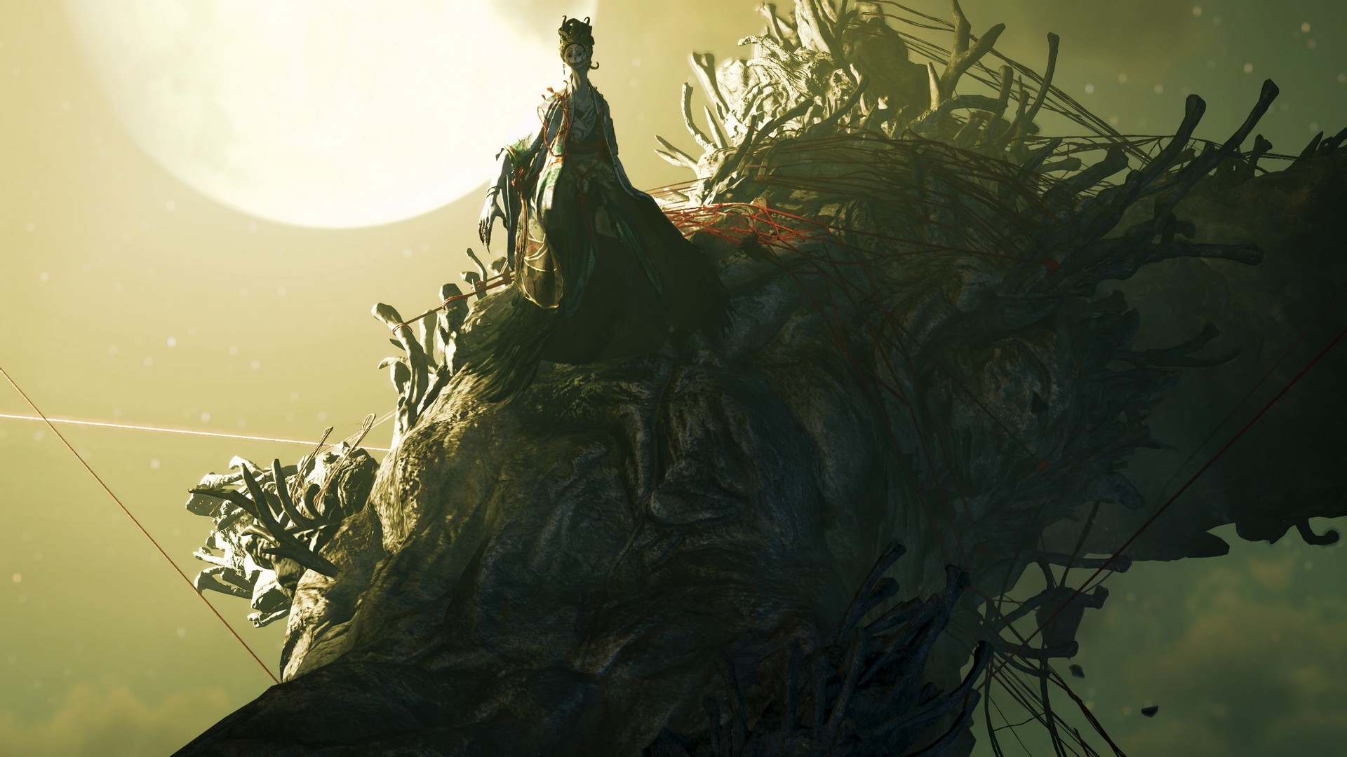 Dokyo stands on a tall pillar of corruption, illuminated by a full moon in Onimusha: Way of the Sword
