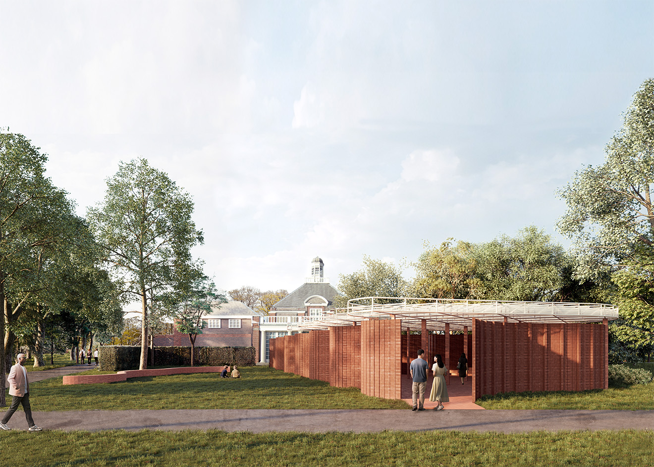Serpentine Pavilion 2026 by Lanza atelier, renders showing brick structure in a park