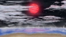 An artist's illustration of the view from an alien world with an ocean and a red dwarf star in the sky