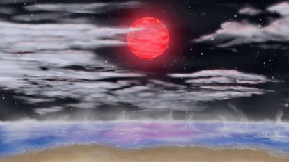 An artist's illustration of the view from an alien world with an ocean and a red dwarf star in the sky