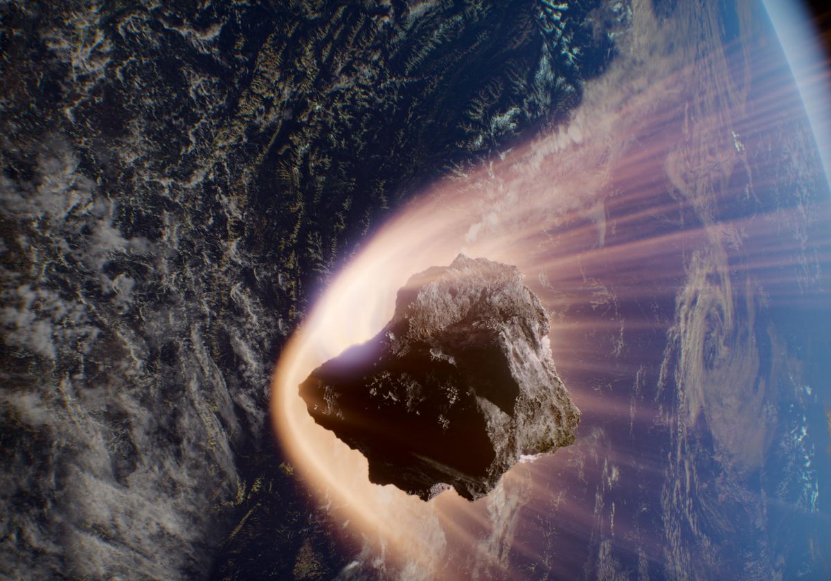 A visualization of an asteroid hurtling toward Earth from "Asteroid Hunters."