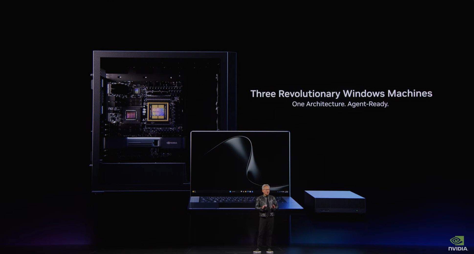 Nvidia's CEO Jen-Hsun Huang on stage at GTC Taiwan with the new RTX Spark.
