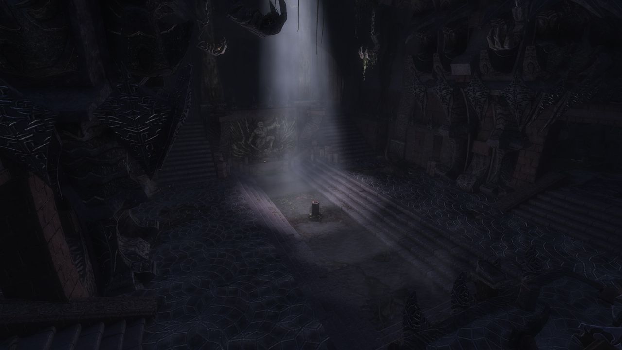 Light shining into large, empty ruins hall in Skywind