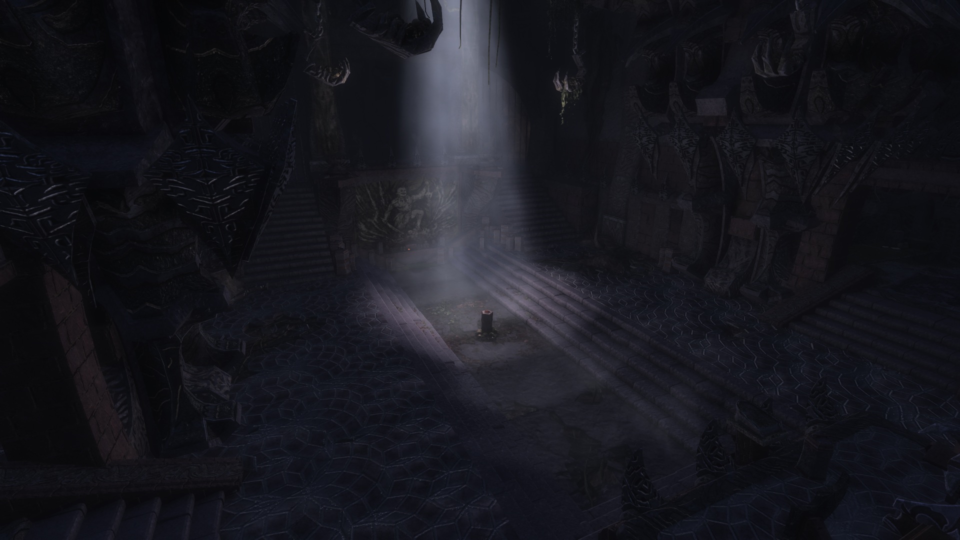 Light shining into large, empty ruins hall in Skywind
