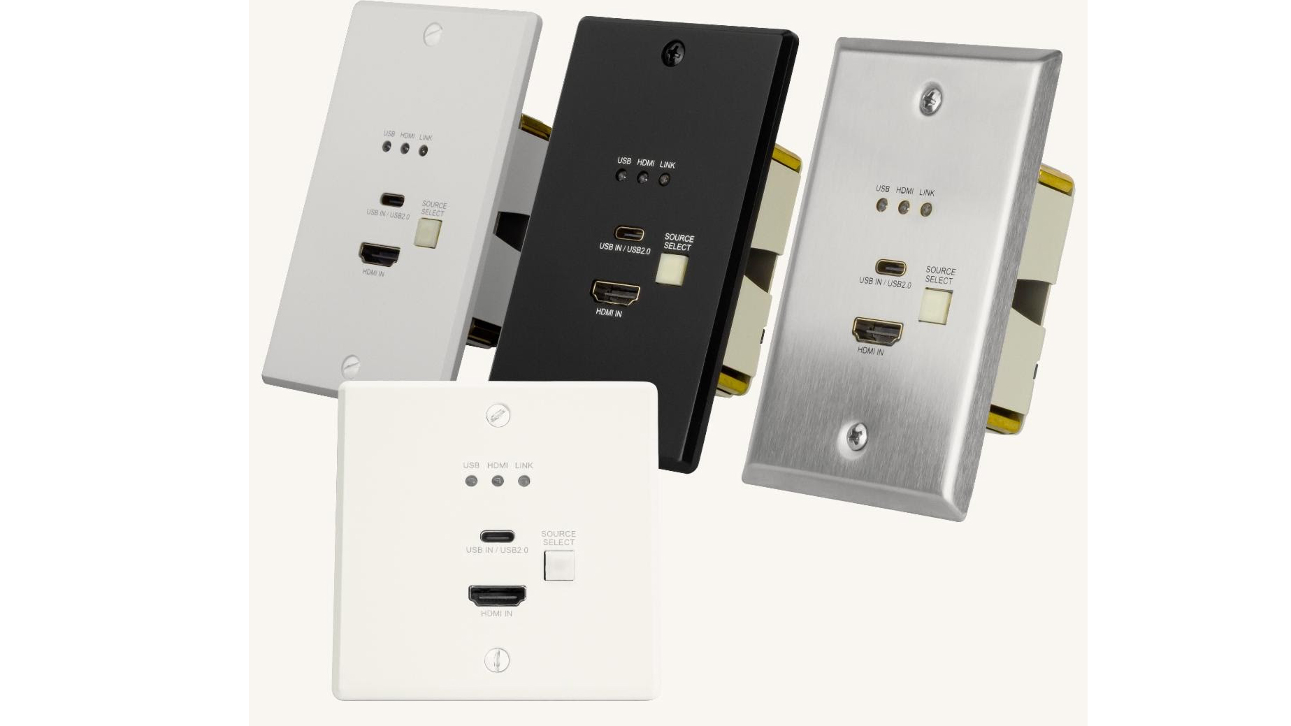 New AVPro Edge wall plates in silver, white, and black. 