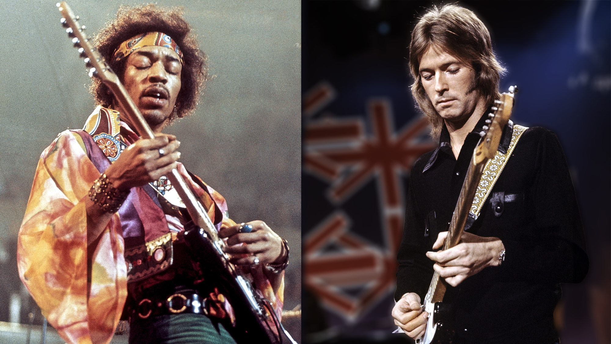 LEFT: Jimi Hendrix performs with he Jimi Hendrix Experience at the Royal Albert Hall, 24th February 1969. RIGHT: Eric Clapton performs with Derek &amp; the Dominos on The Johnny Cash Show, November 1970