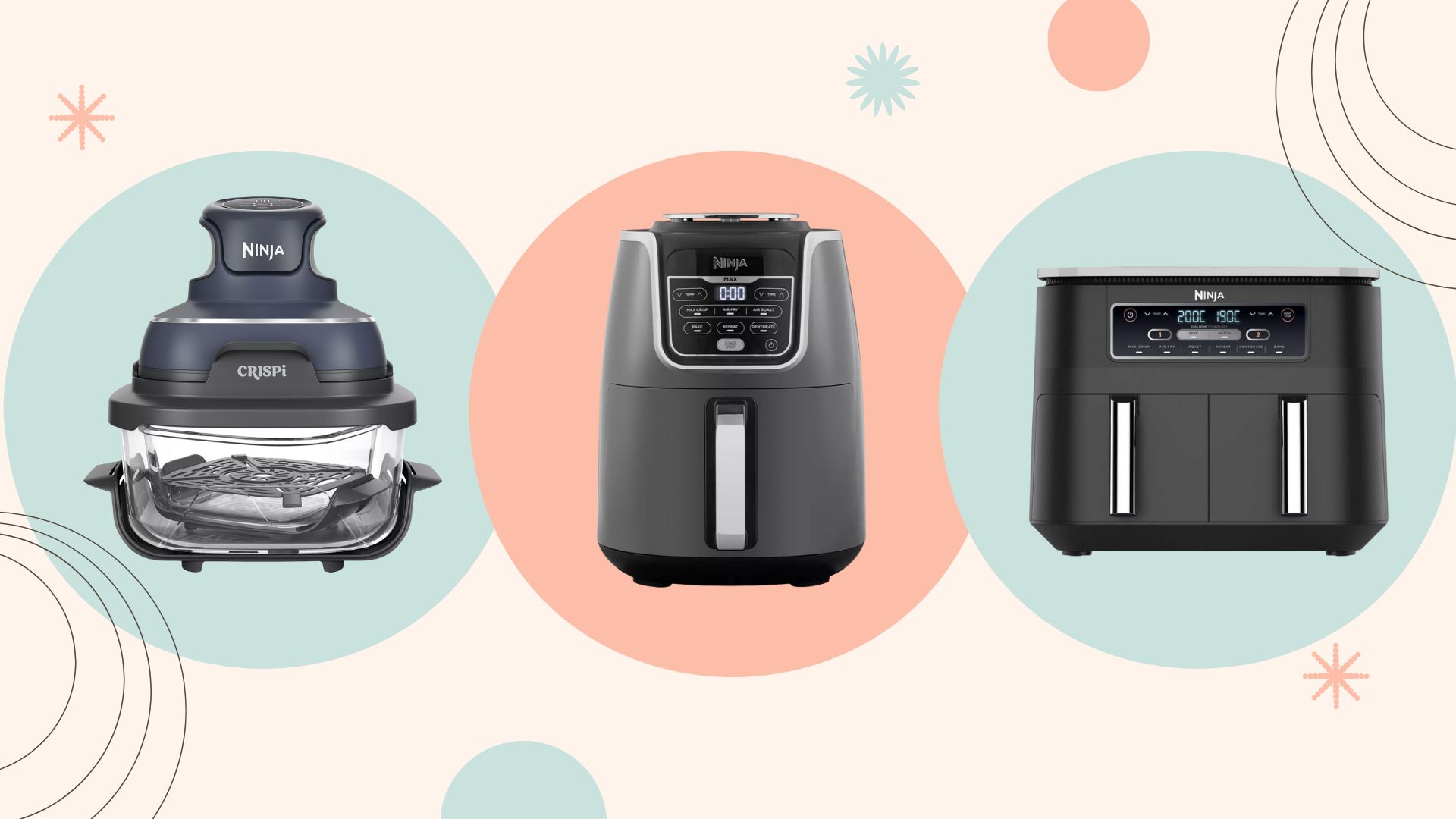Three of the best Ninja Air Fryers: the Ninja Crispi, Ninja Foodi, and the Ninja Af100 in blue and pink rings