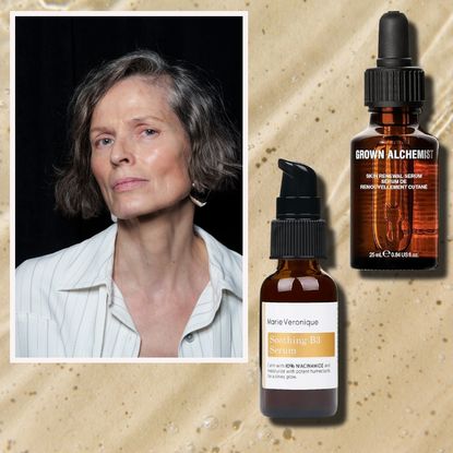 a golden watery background with a portrait of an older white woman with glowing skin next to two brown bottles of niacinamide serums