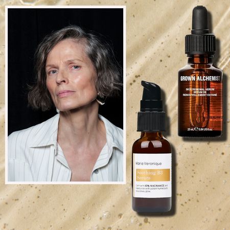 a golden watery background with a portrait of an older white woman with glowing skin next to two brown bottles of niacinamide serums