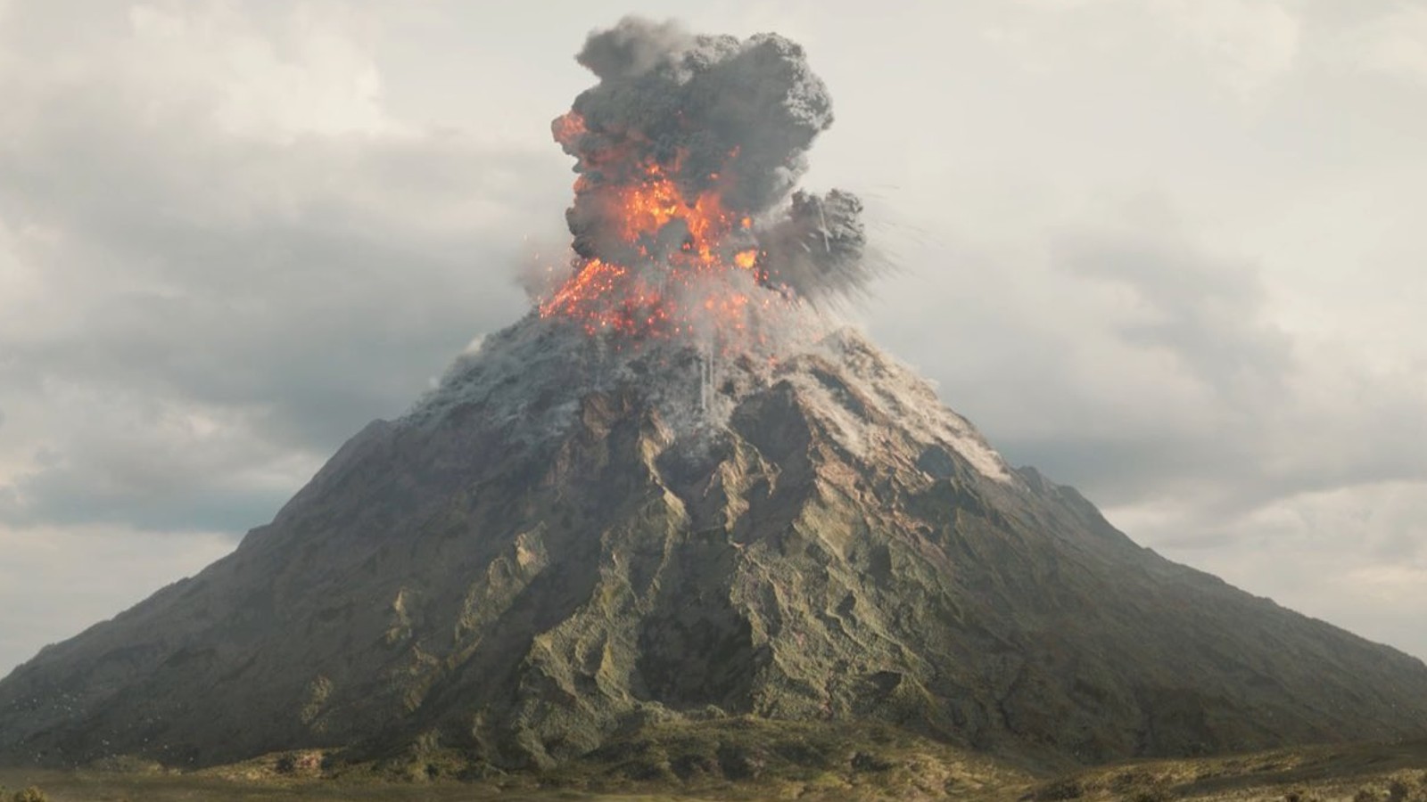 Mount Doom entra en erupción frente a un cielo azul en el episodio 6 de The Rings of Power