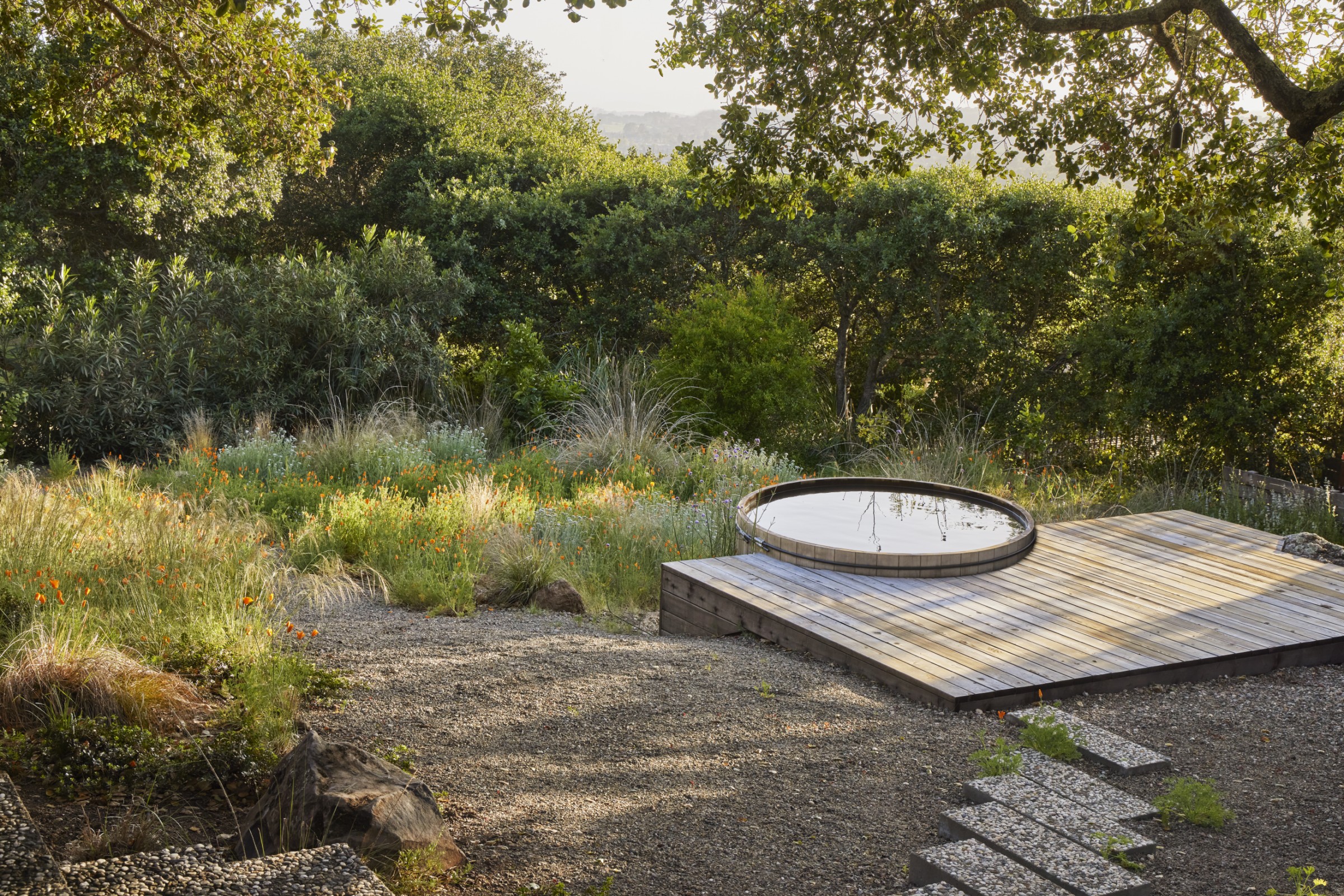 green landscape by studio Terremoto in california, peppered with light timber structures