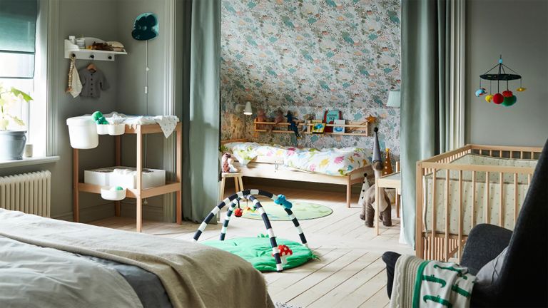 Three in one parent, young child and baby shared bedroom decor by IKEA